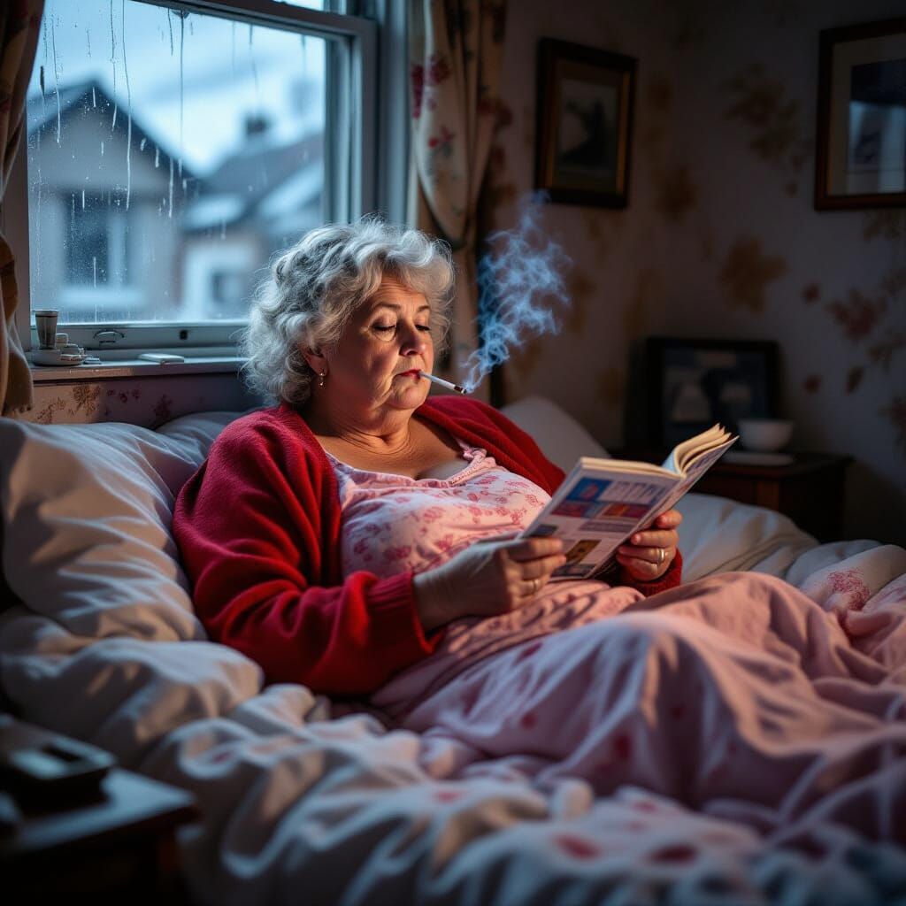 Elderly Woman Relaxing in Untidy Apartment
