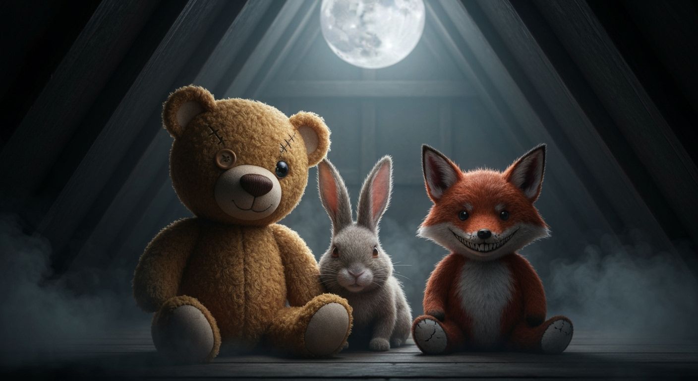Sinister Stuffed Animals in Moonlit Attic