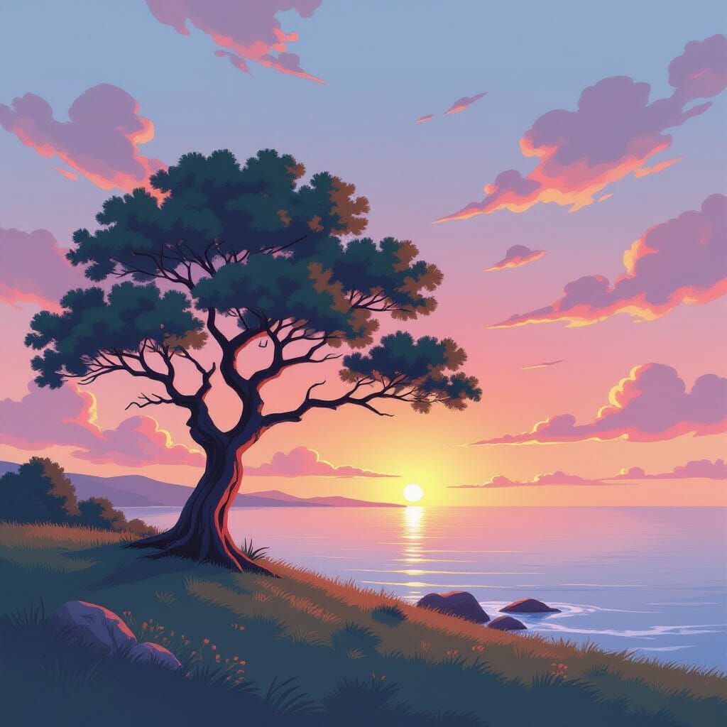 Ancient Tree Overlooking Serene Ocean Sunset in Ghibli Water...