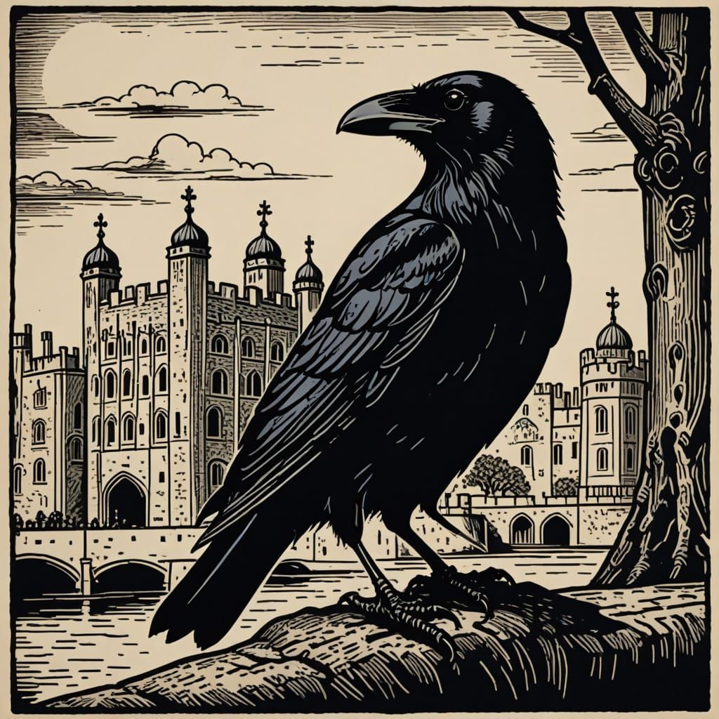 Raven + Tower of London, woodcut