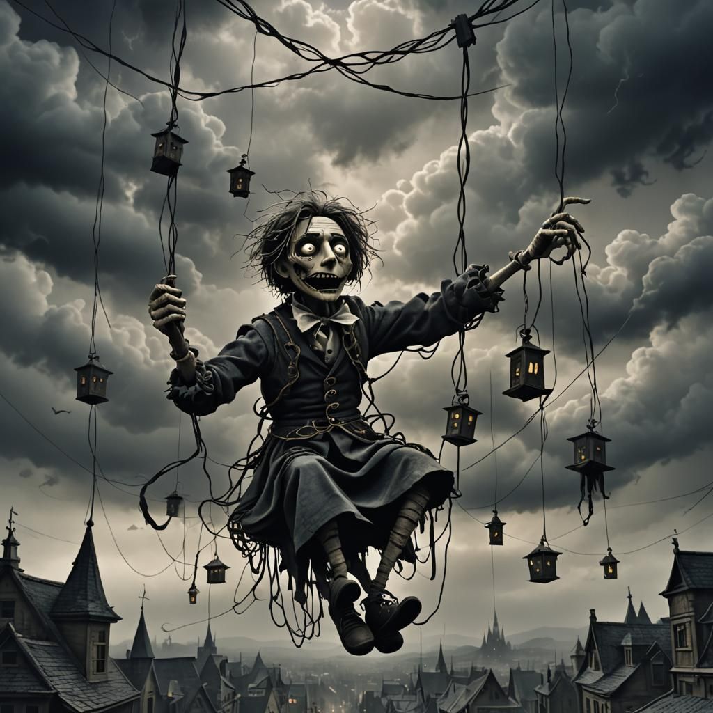 Dark Fantasy Puppeteer Over Ominous Town