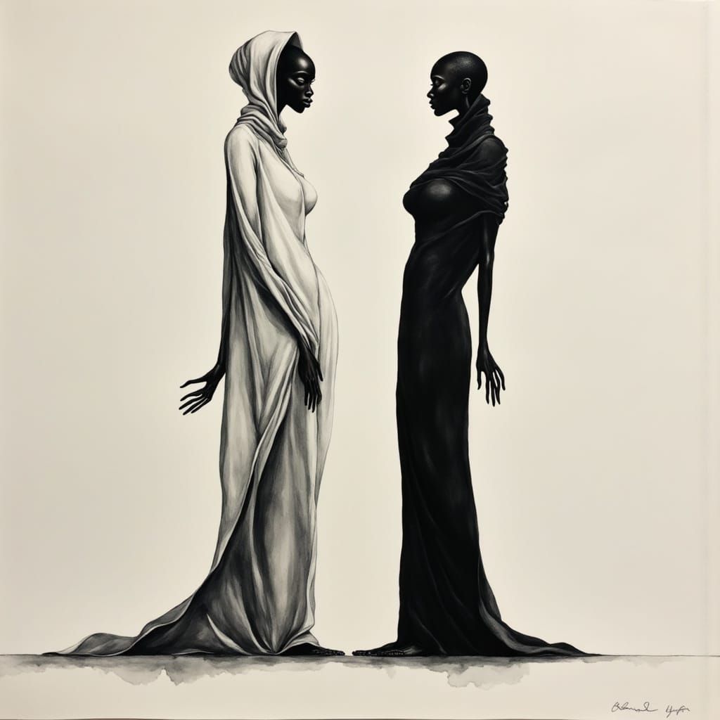 Minimalist Illustration: Duality of Women in Cloaks