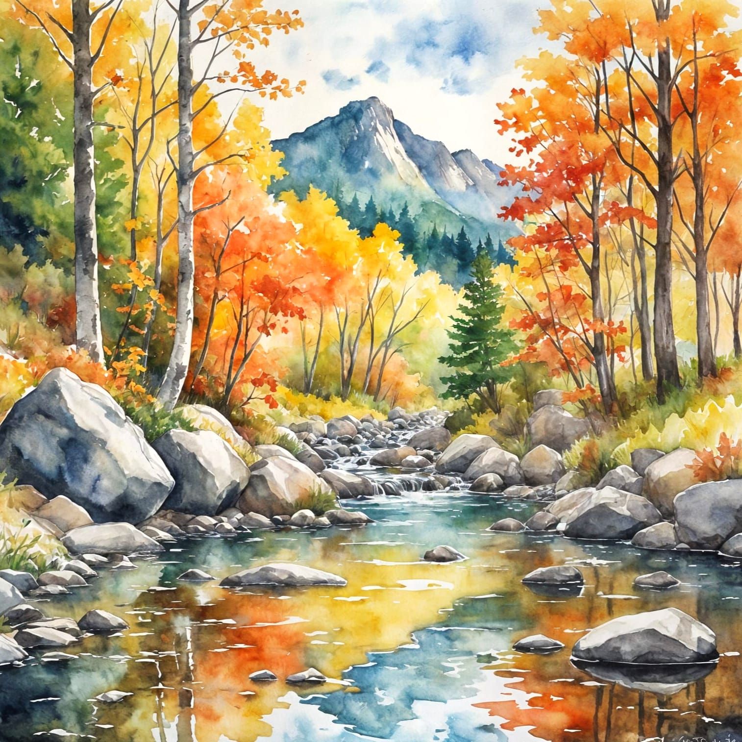 Serene Mountain Stream in Autumn Watercolor
