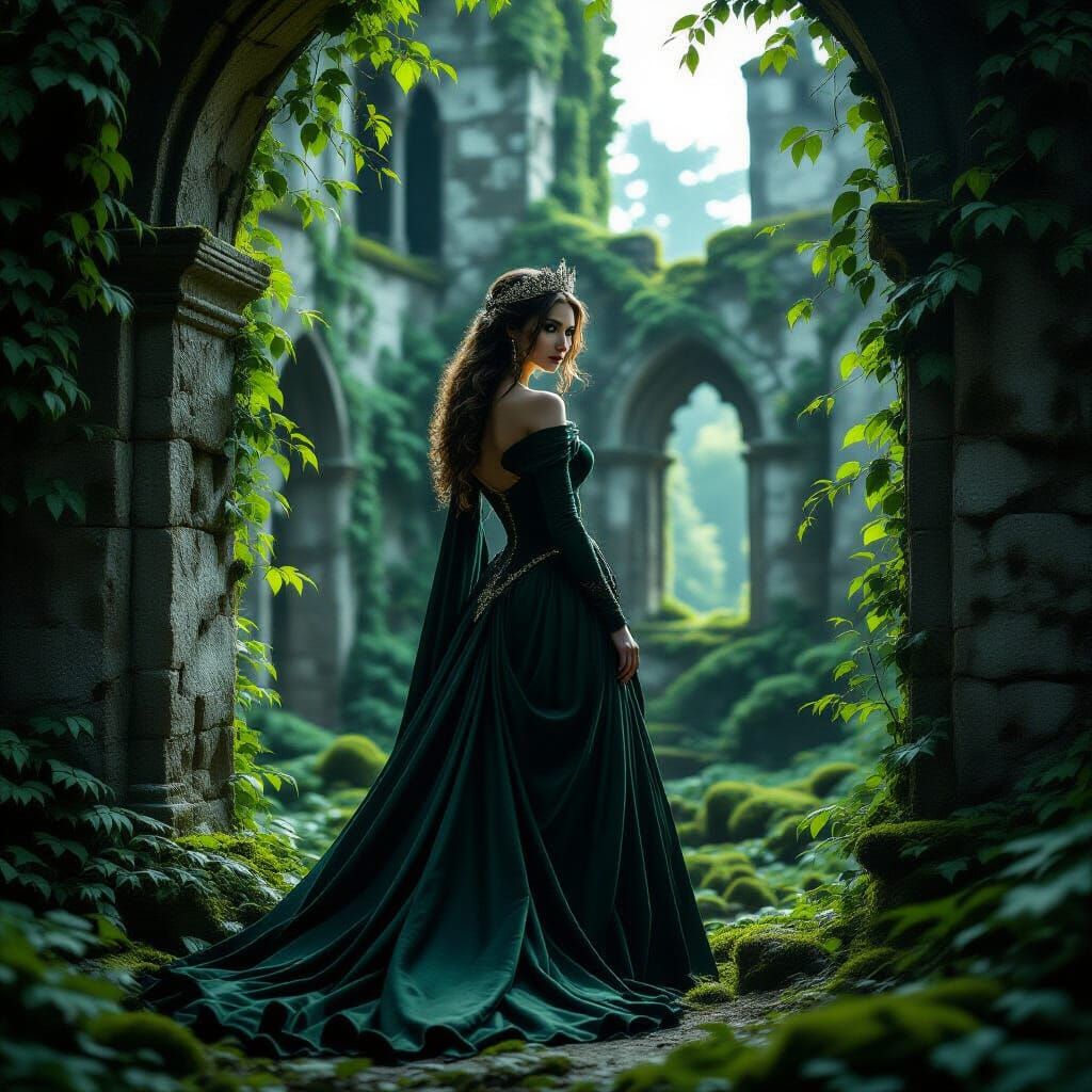 Regal Queen in Ancient Castle Ruins