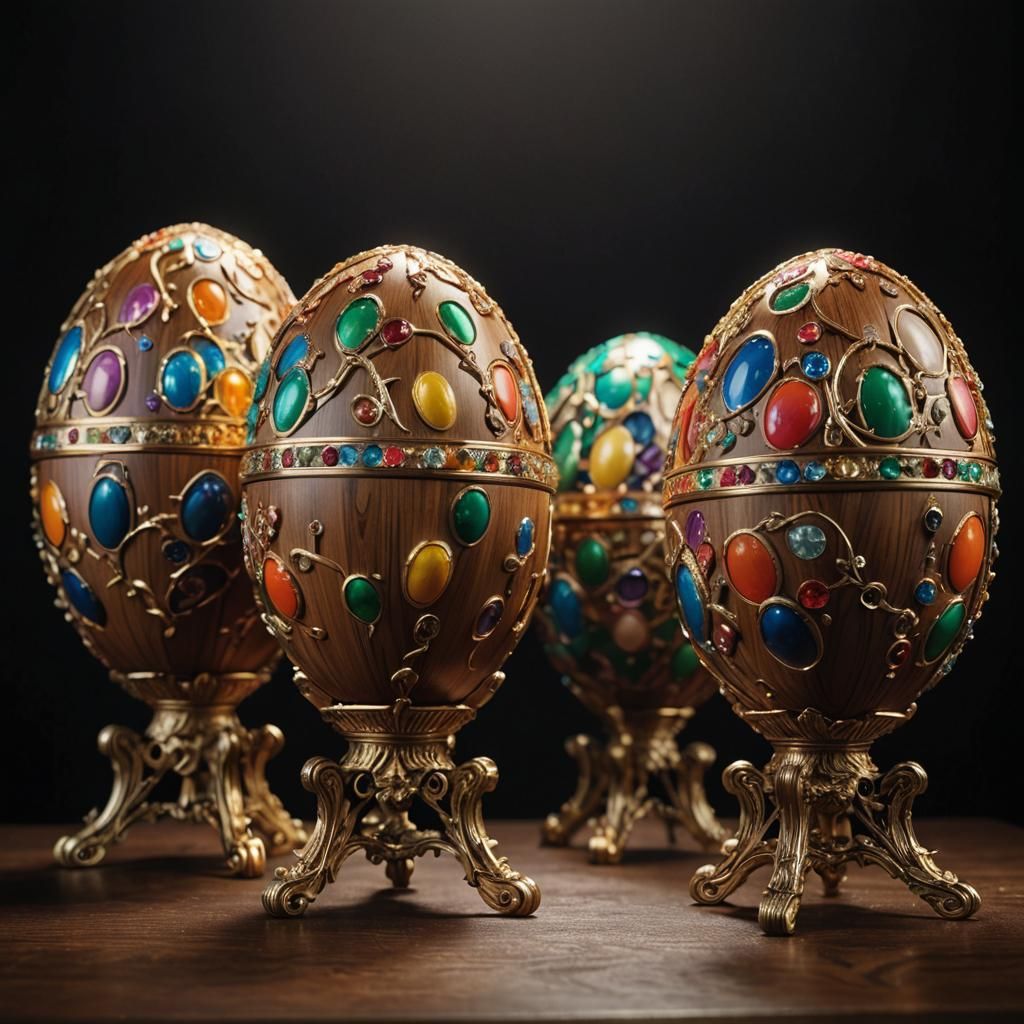 Giant Teak Fabergé Eggs in Art Exhibition
