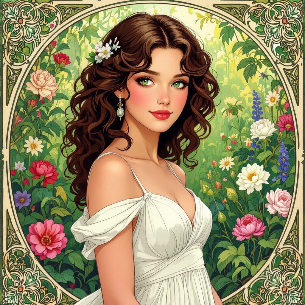 Emma in a Lush Garden, Art Nouveau Style