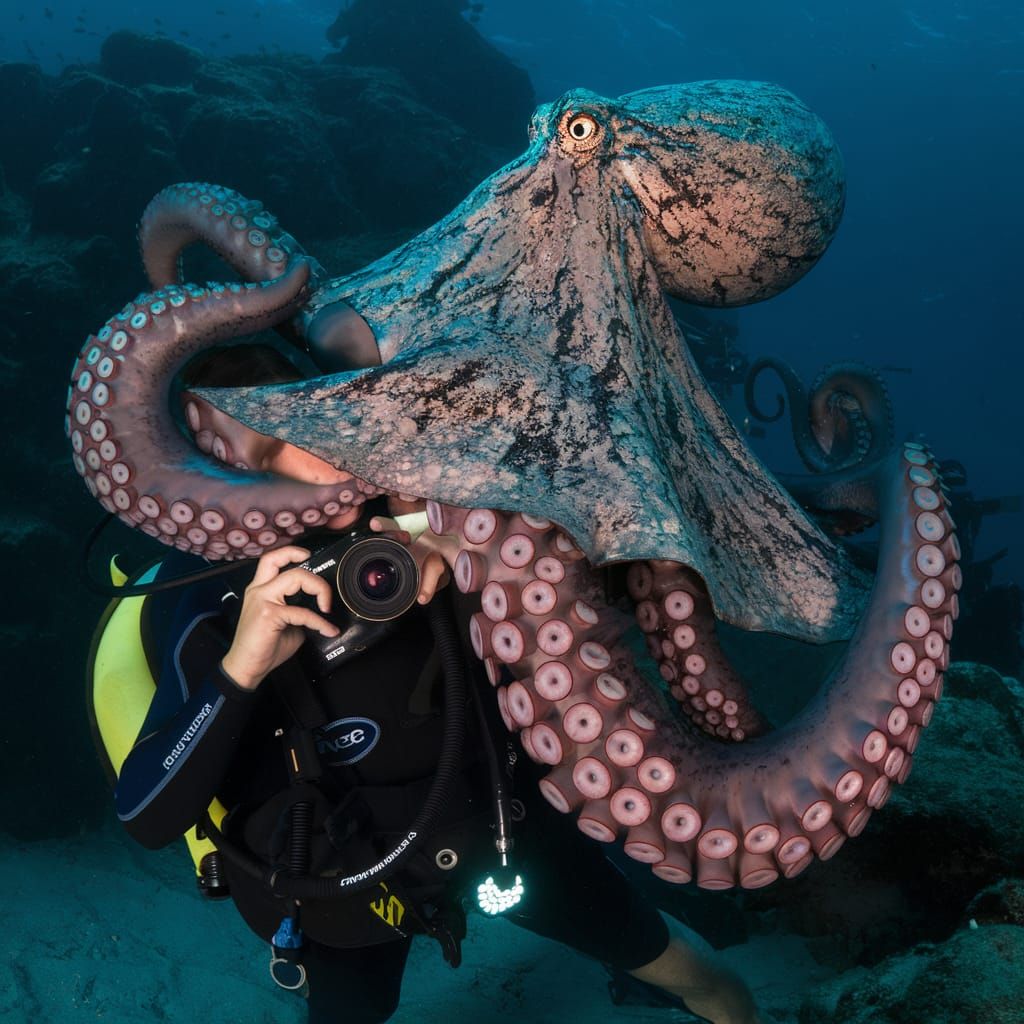 Giant Octopus Attacks Scuba Diver Underwater
