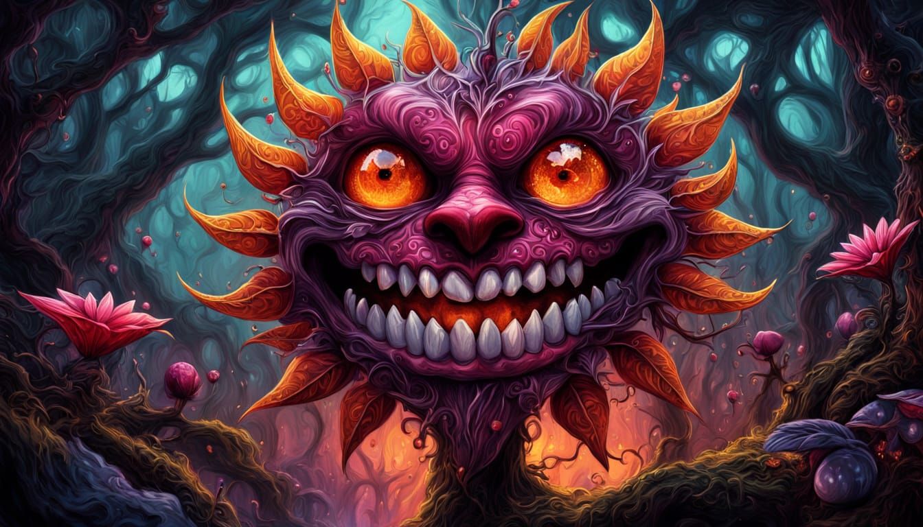 A cartoonish flower, centrally positioned, has a wide, menac...