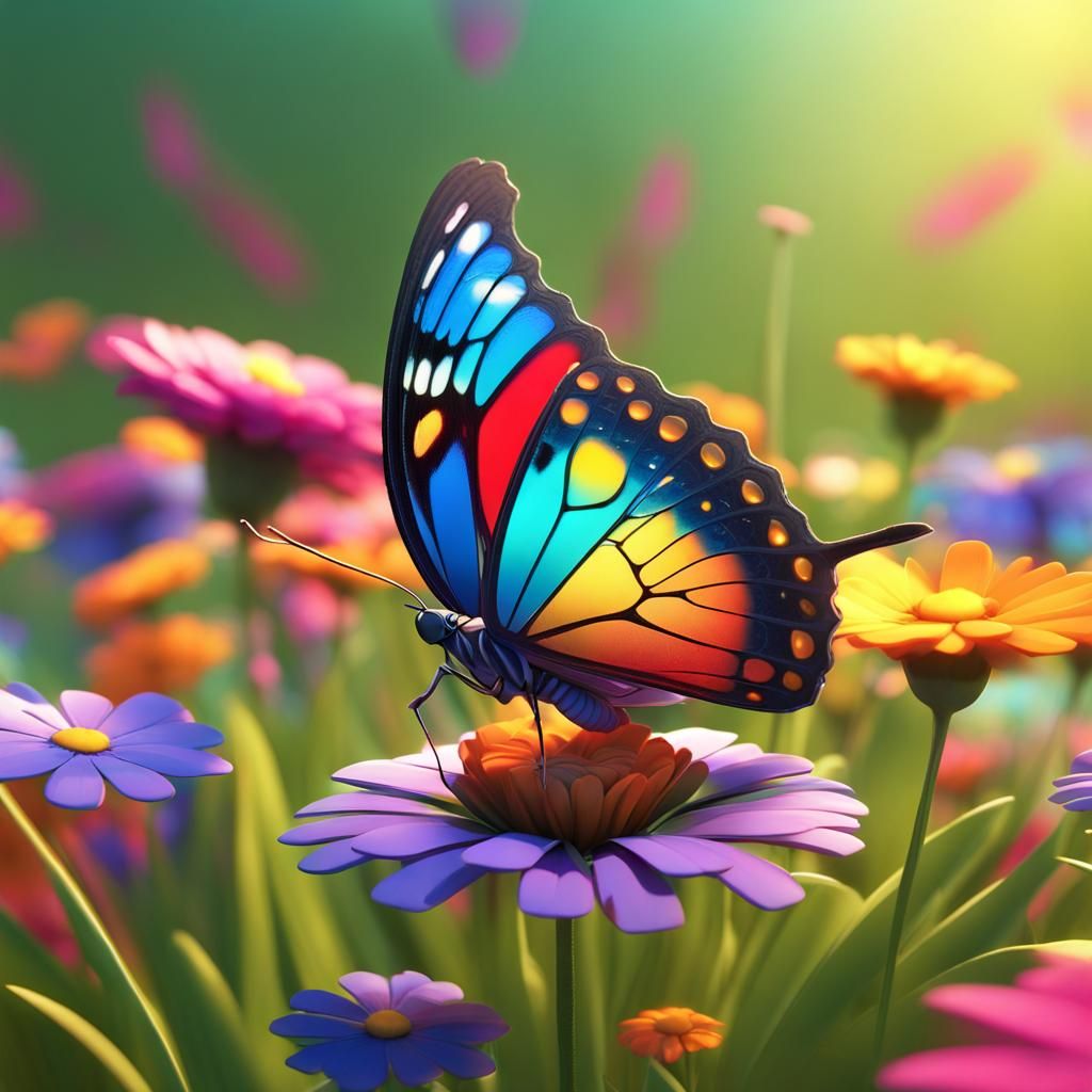 Colorful Butterflies and Flowers in 3D Digital Art