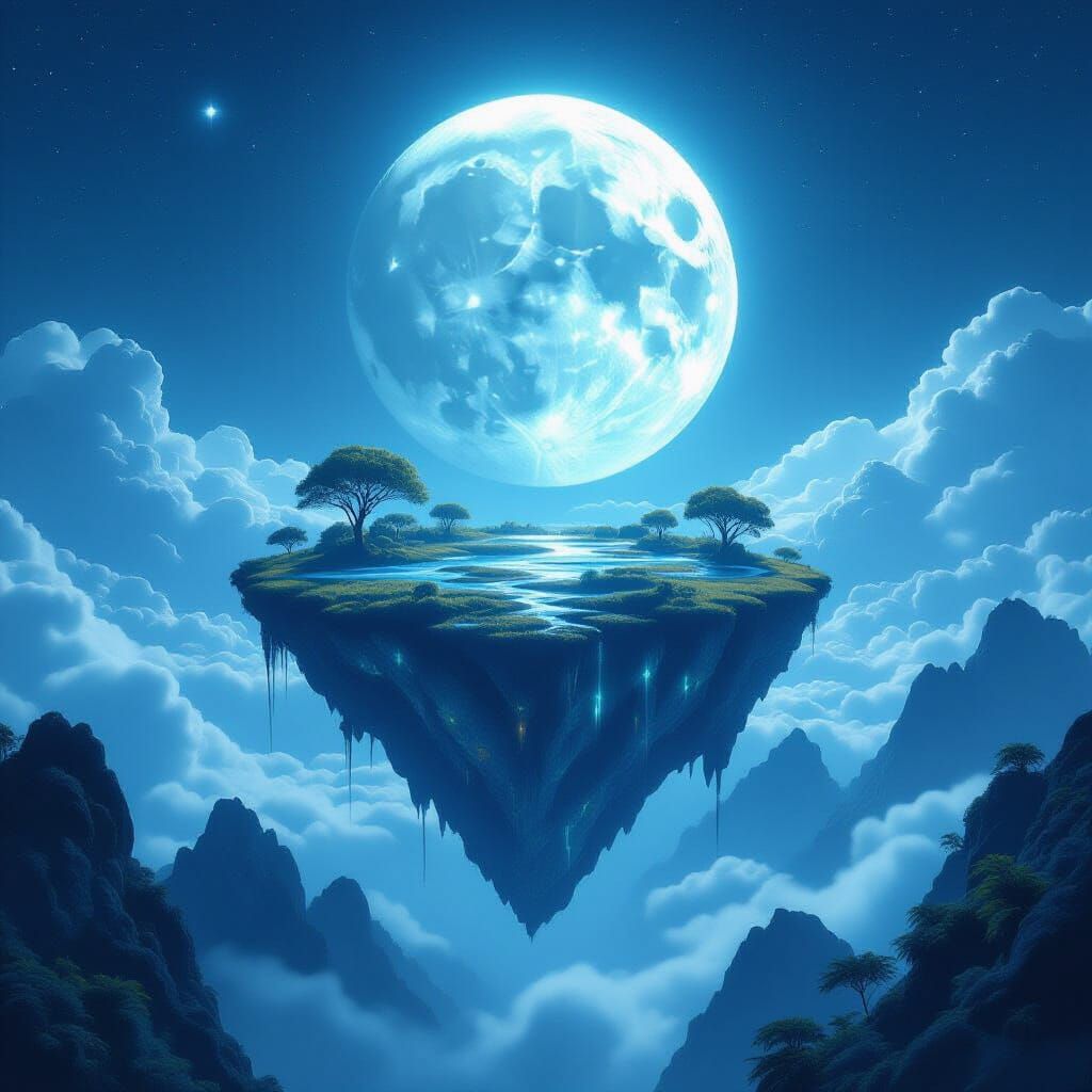 Mystical Floating Island Under Luminous Full Moon