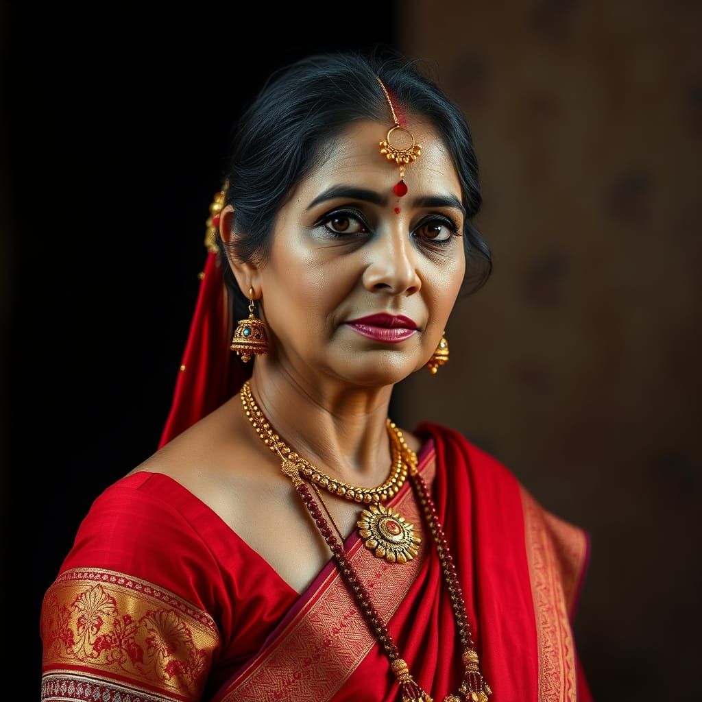Hyperrealistic Portrait of Bengali Woman in Red Saree