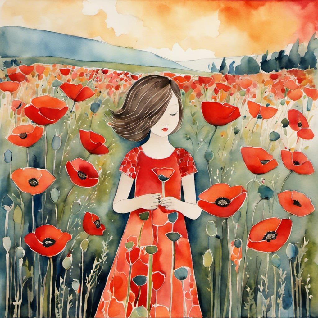 Girl in Poppies: Watercolor Art Brut Illustration