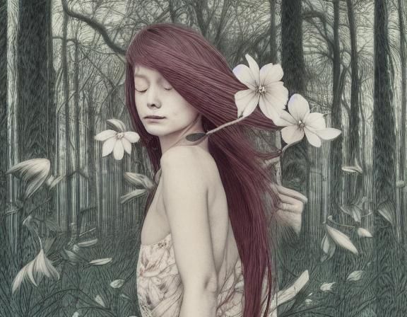 Elegant Etching of Woman with Flower in Forest