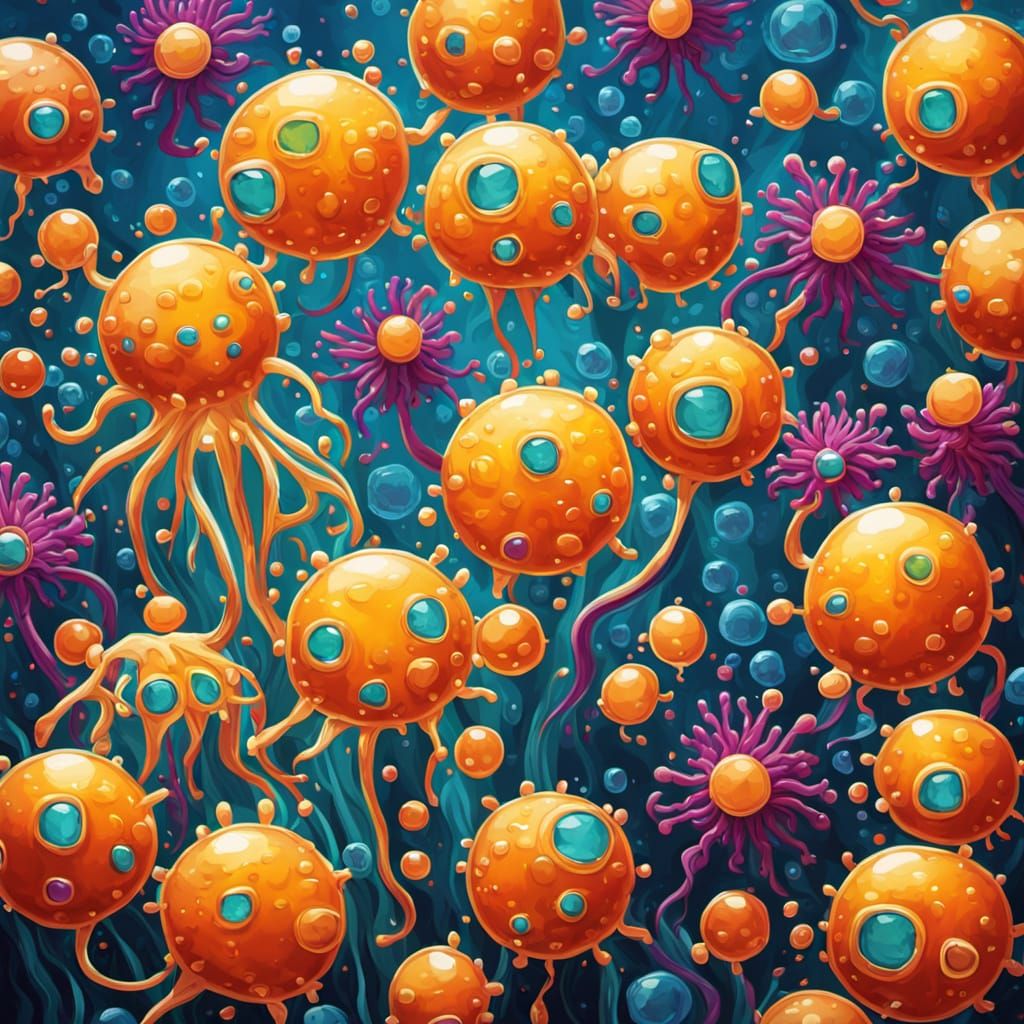 Whimsical Microbes Sunbathing Under Microscope Light, Vibran...