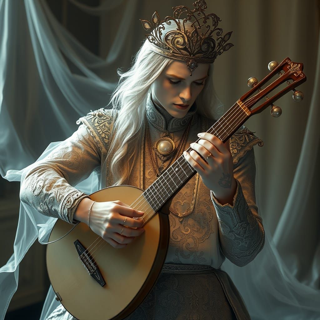 Ethereal Bard in Silver, Dreamy Art Style
