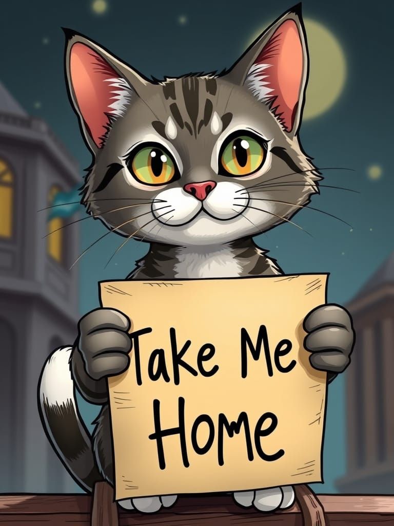 Cartoon cat holding a placard saying 'Take Me Home '