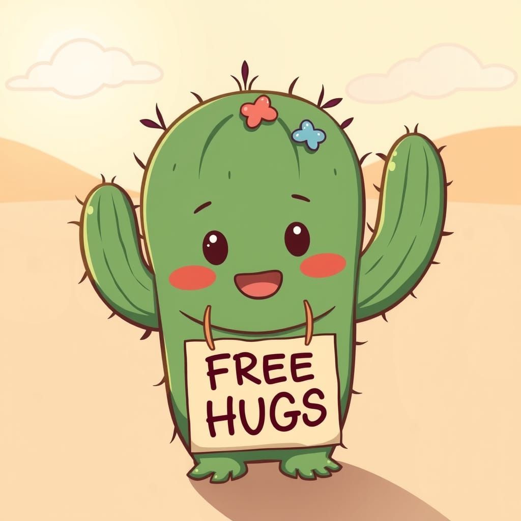 Chibi Cactus Character Offers Whimsical Hugs in Desert Oasis