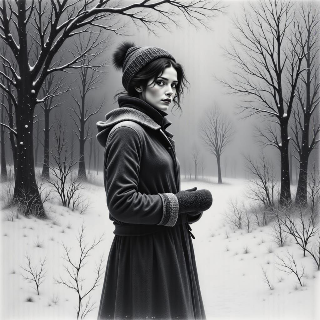 Winter Woman in Charcoal and Dramatic Lighting