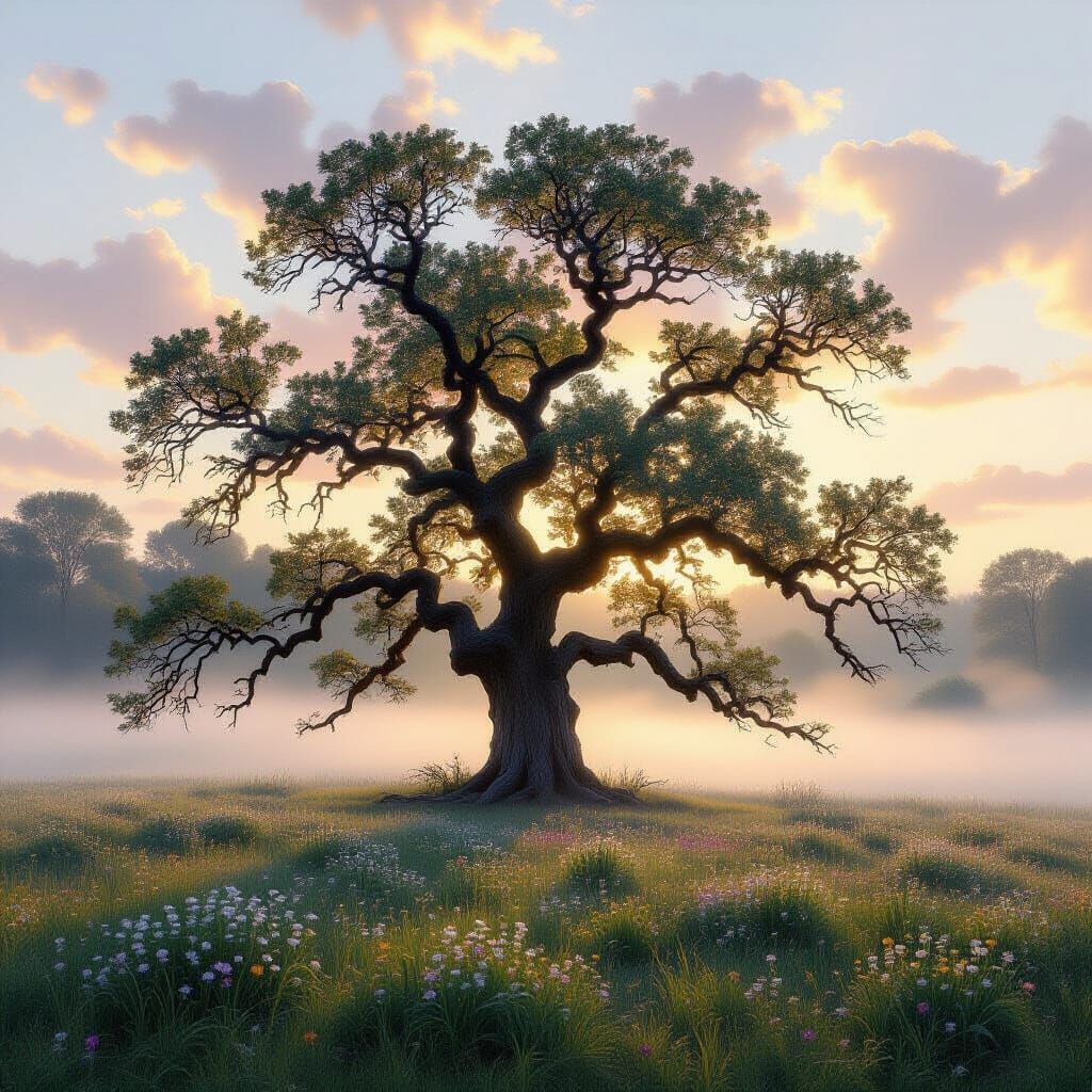 Ancient Oak in Misty Meadow at Dawn