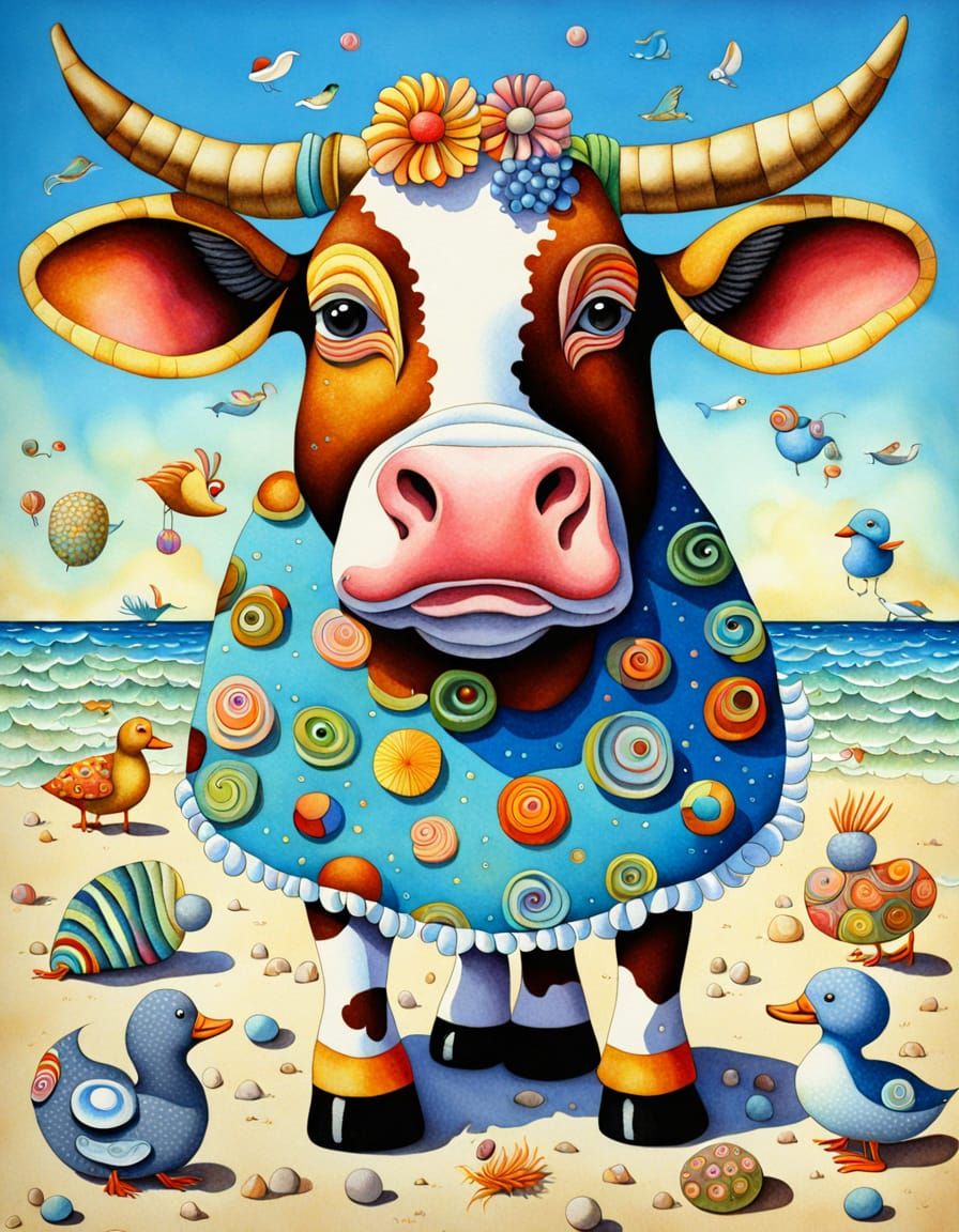 Cow with Curlers on Beach, Watercolor Style