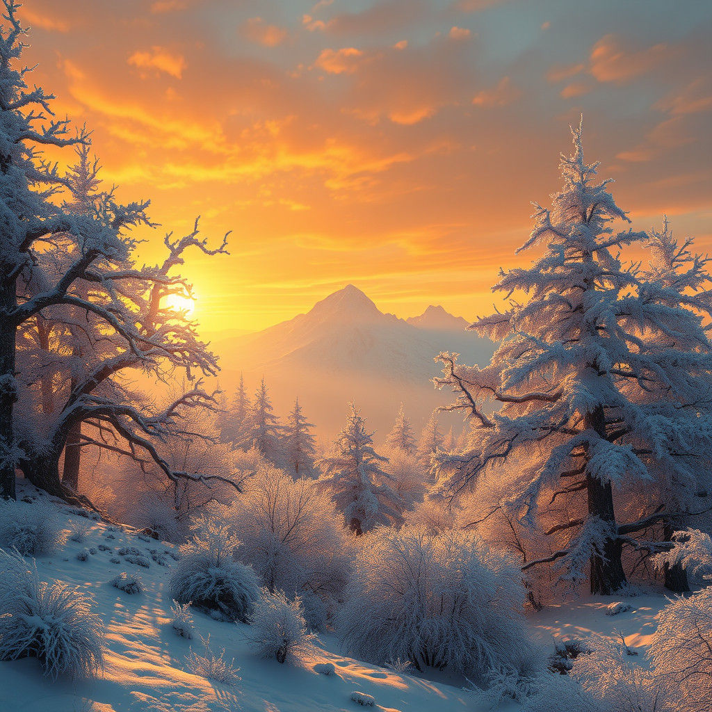 Snowy Winter Wonderland with Golden Sky