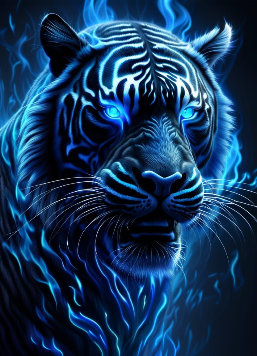 Electric Blue Fire Tiger in 3D