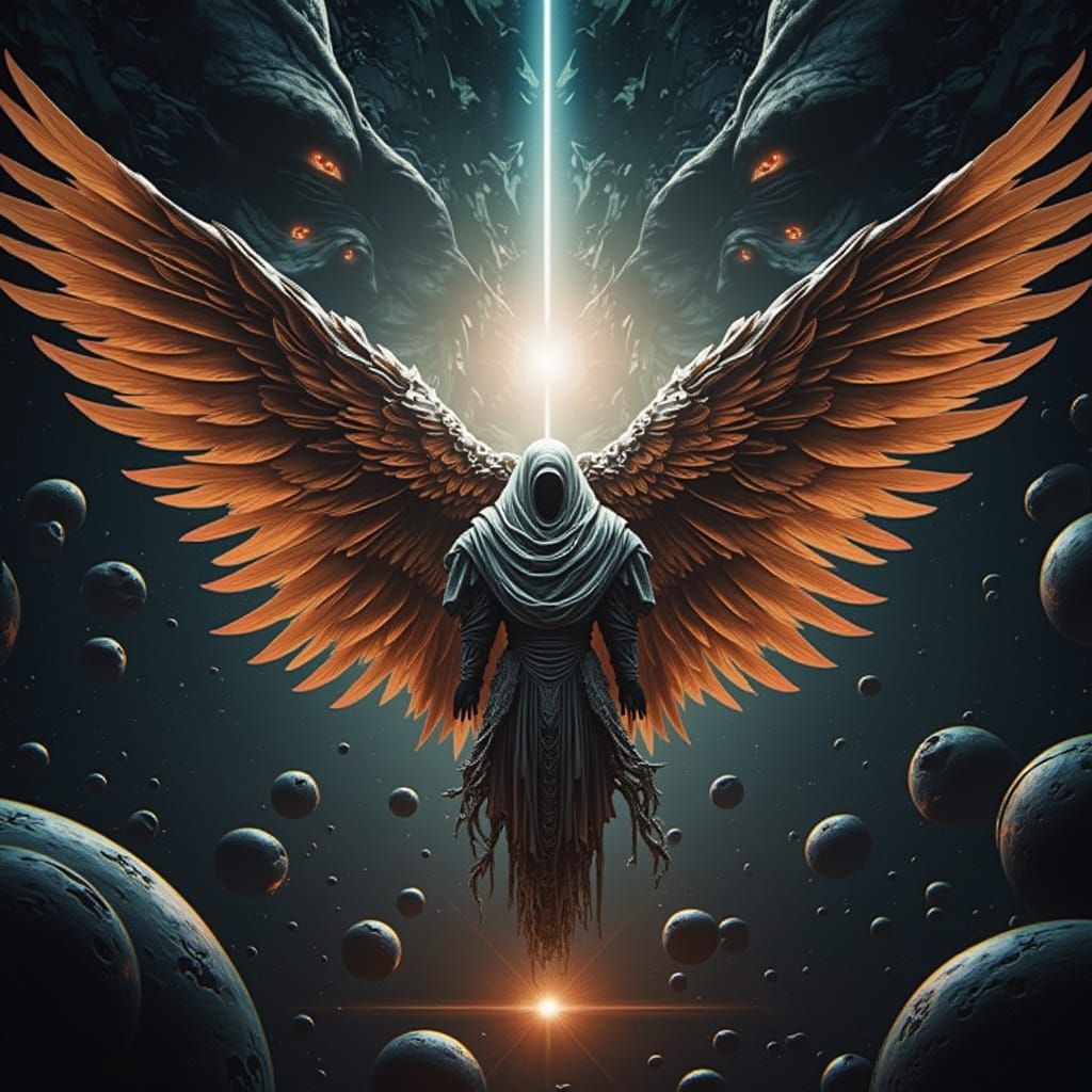 Winged Figure Before Cyberpunk God: Digital Art