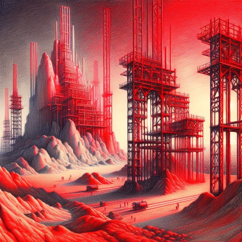 Dystopian Red Desert Landscape as Color Pencil Sketch