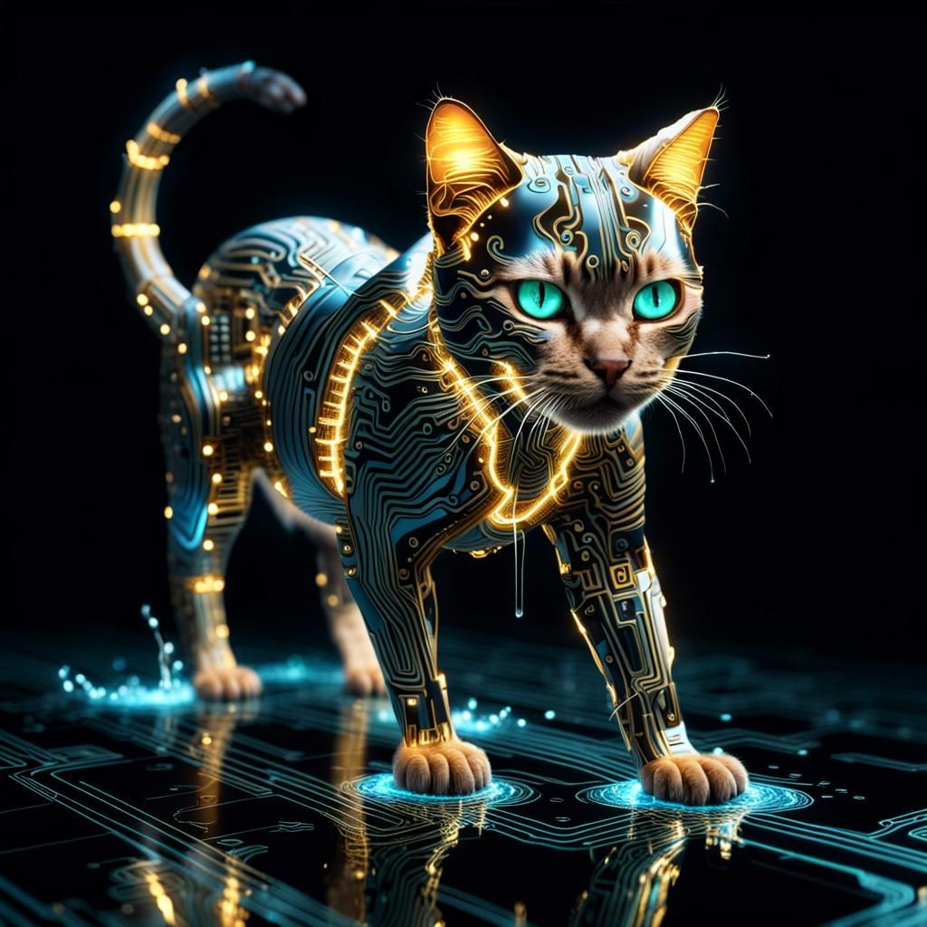 Fierce Circuit Board Cat with Gold Circuits