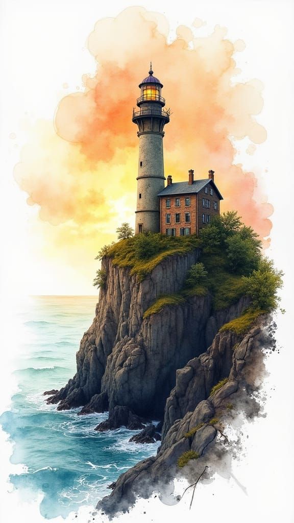 Steampunk Lighthouse on Cliff at Sunrise
