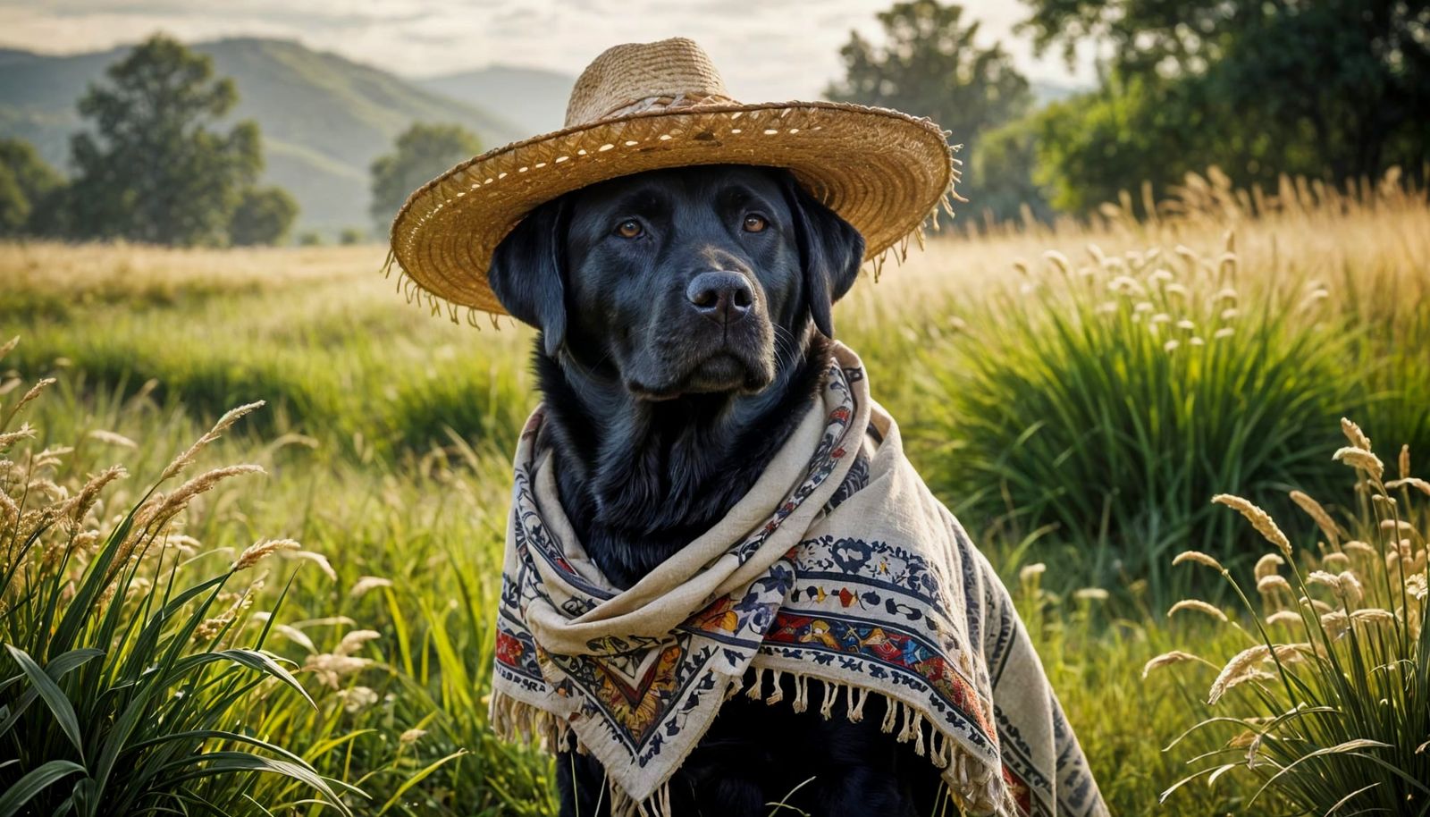 Labrador with Sombrero in Sumi-e Style Field