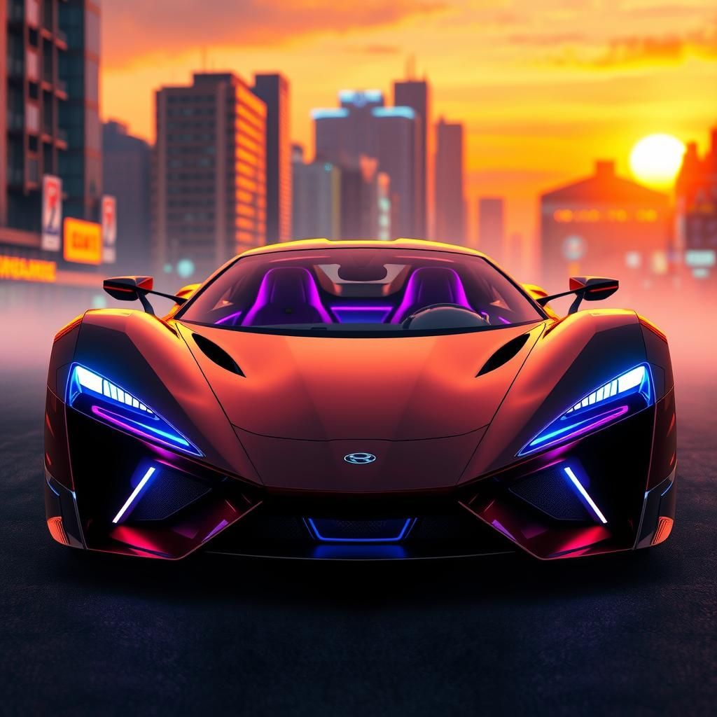 Neon Futuristic Sports Car in Psychedelic Cityscape