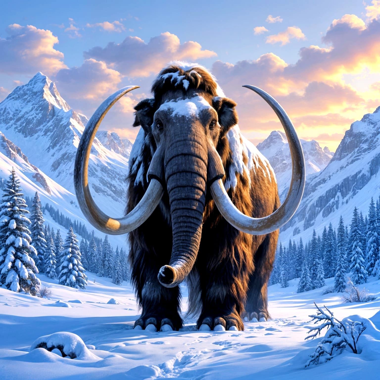 Woolly mammoth standing in a serene snowy valley