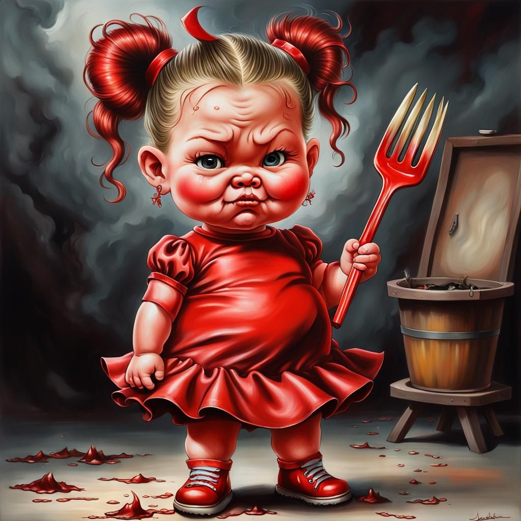 Whimsical Oil Painting of a Chubby Devilish Toddler