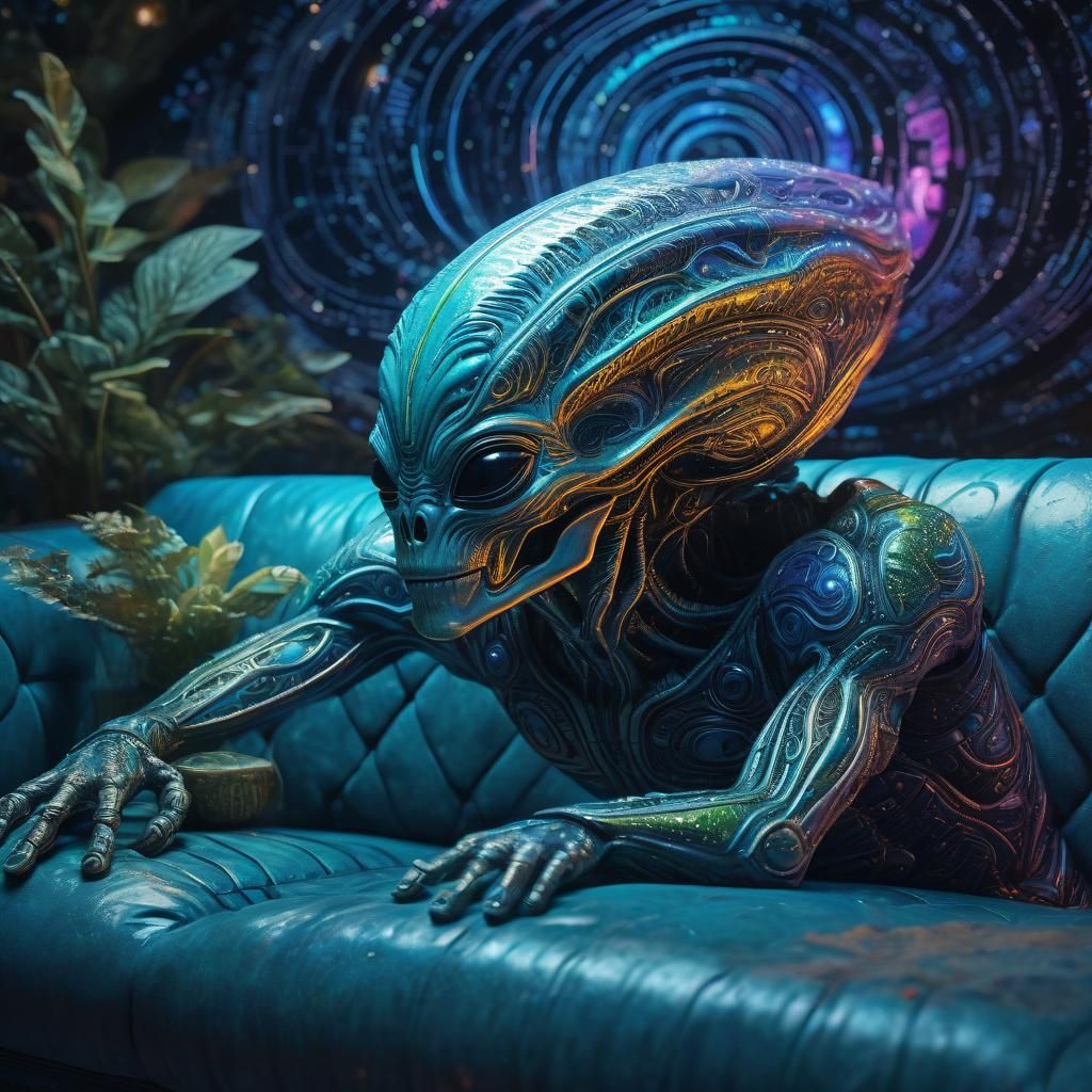 Cosmic Alien on Couch in Vibrant Mixed Media