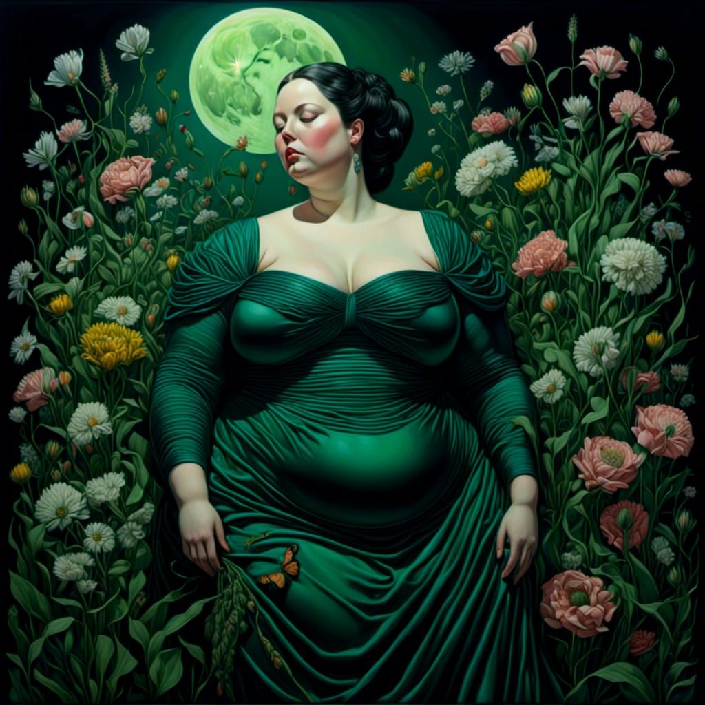 Blooming Flowers Surround Plus-Size Woman Under Moon