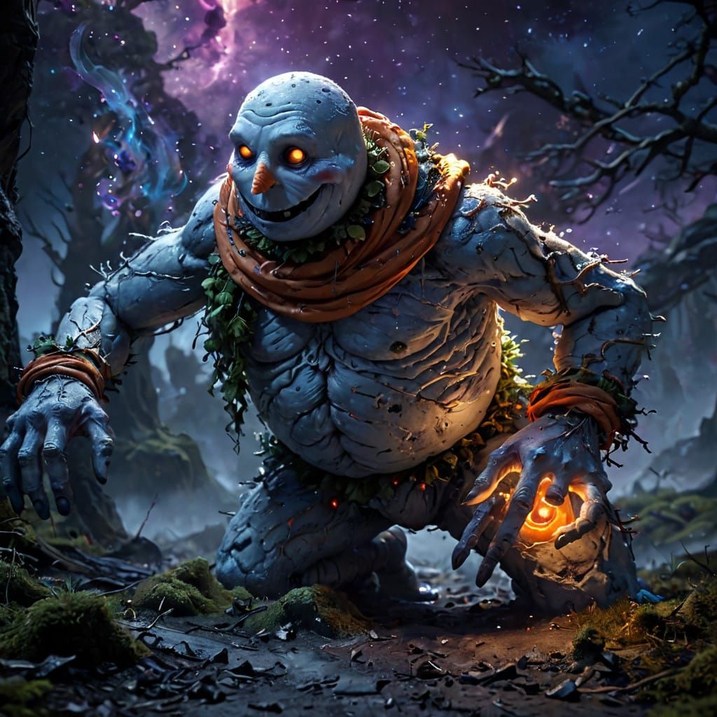 Ethereal Snowman Crawls Under Starry Night Sky