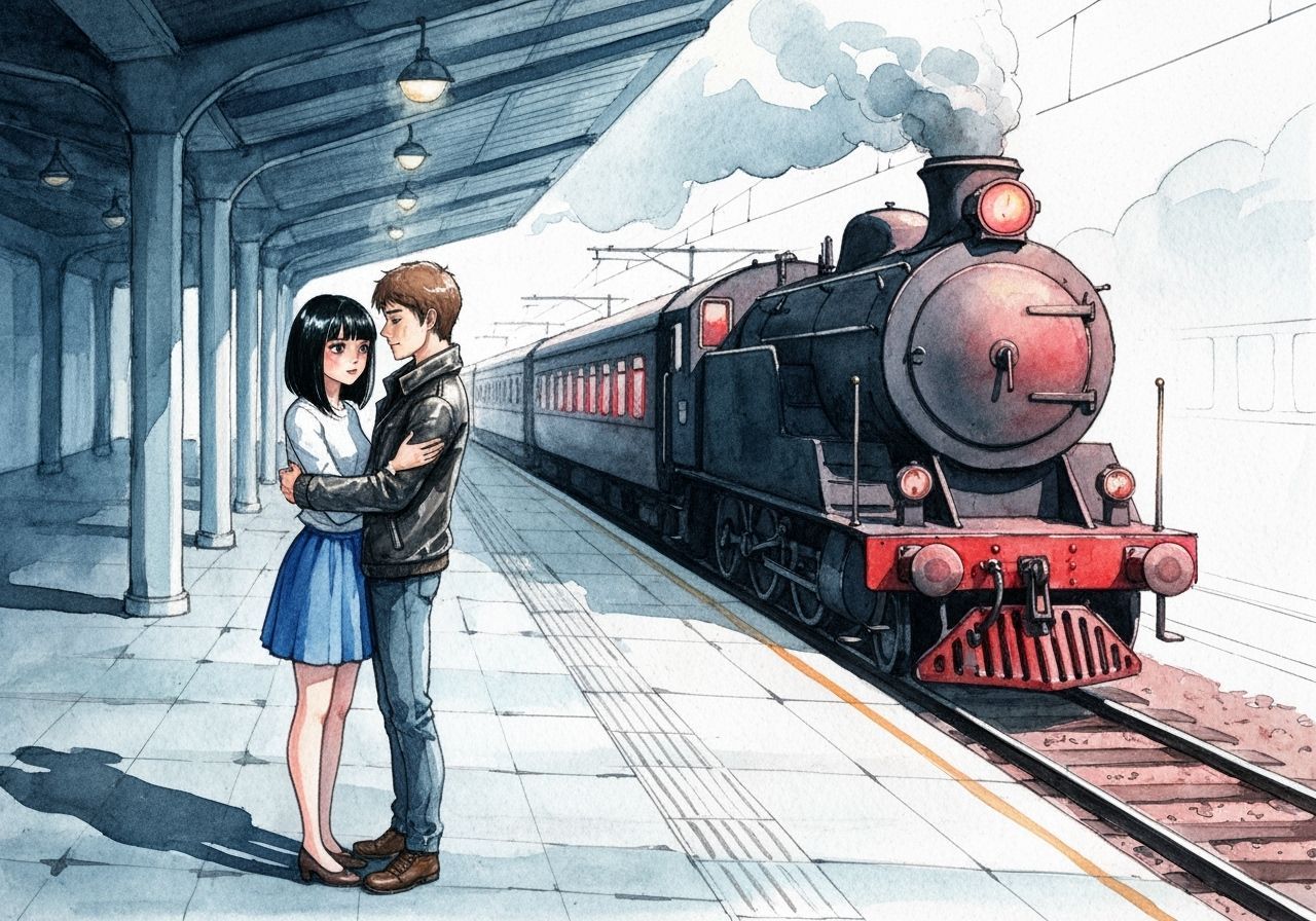 Romantic Train Station Goodbye Watercolor Painting