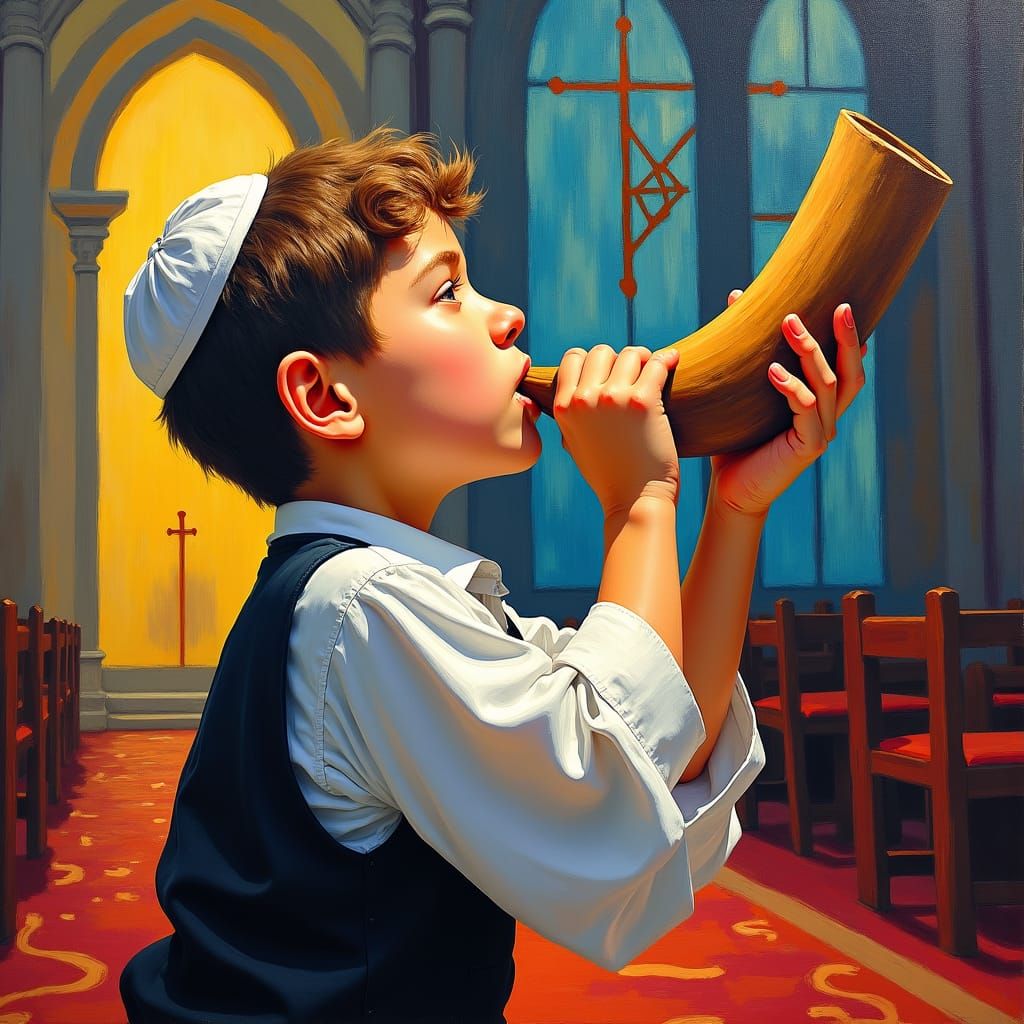 Boy Blowing Shofar: Neo-Impressionist Expressionist Painting