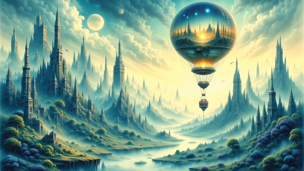 Ethereal Dreamscape: Vintage Hot Air Balloon Over Floating I...