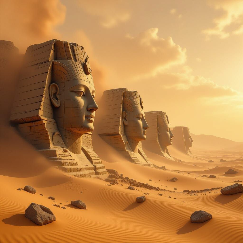 Ancient Stone Heads in Vast Desert Landscape