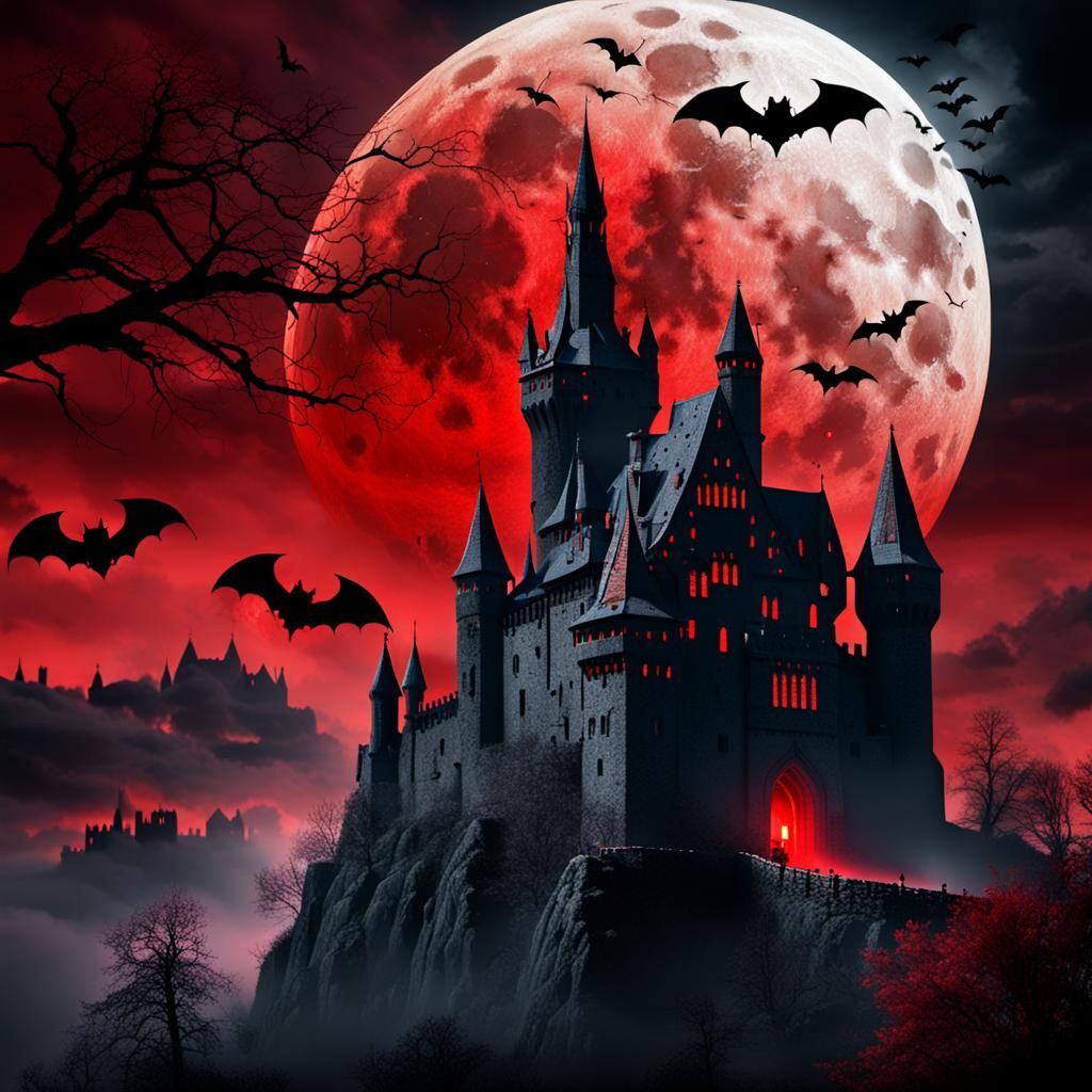 Dracula's Castle Under Full Moon with Bats