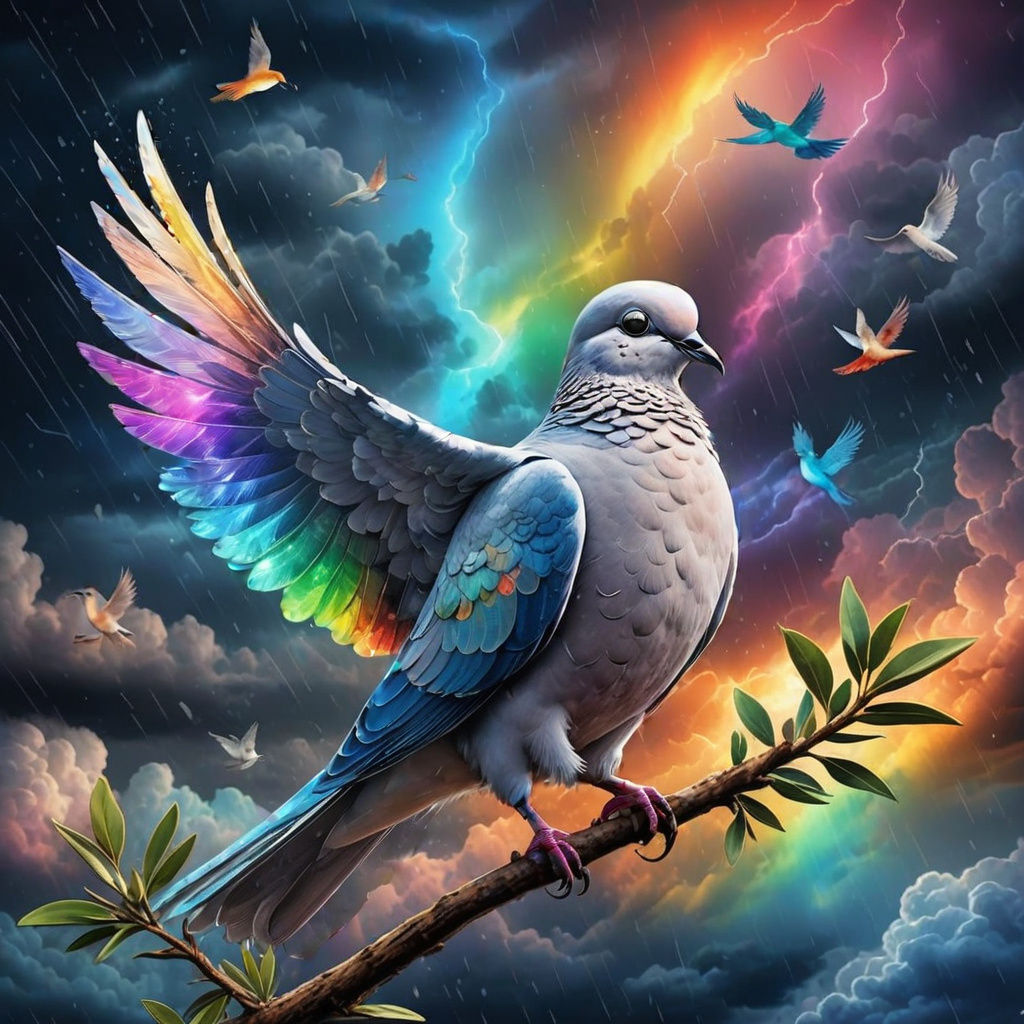 Dove with olive branch in beak. Background stormy clouds, raining with rainbow peaking out of clouds