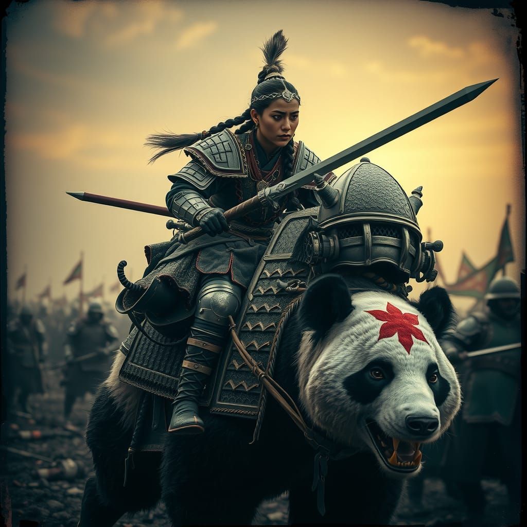 Warrior Woman on Armored Panda: Gritty Tintype Photograph