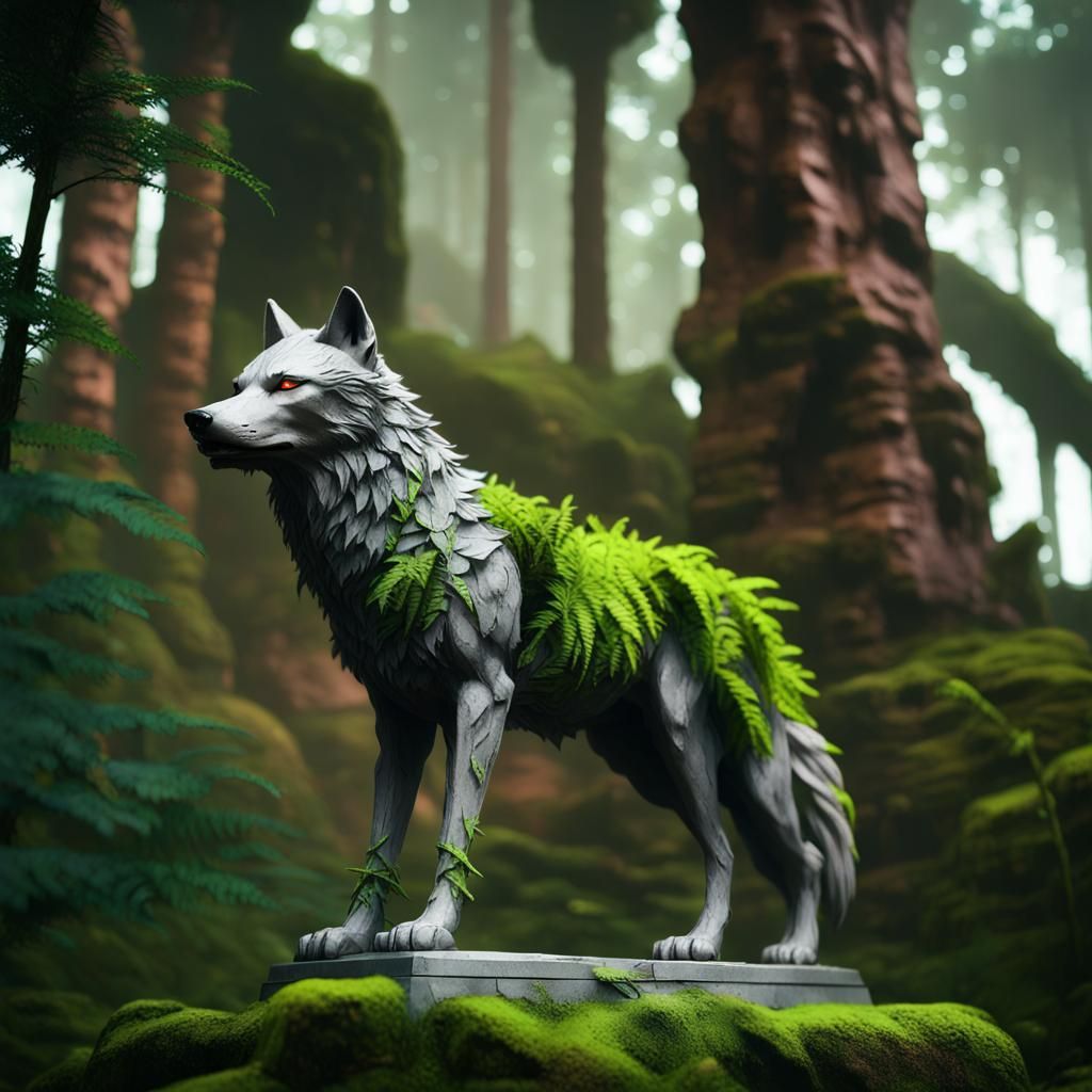 Cyberpunk Wolf Statue in Ancient Forest