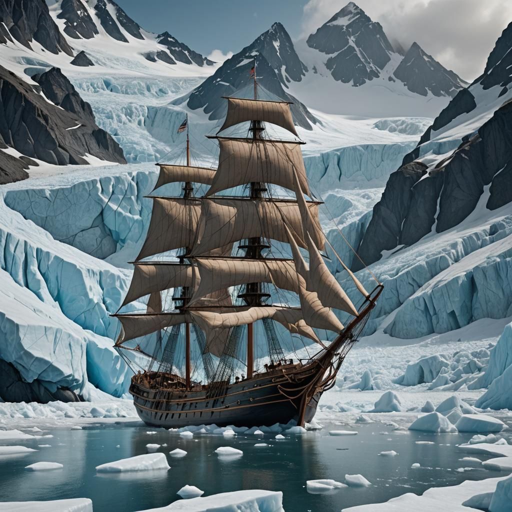 Schooner Adrift on Alaskan Glacier: Detailed Matte Painting
