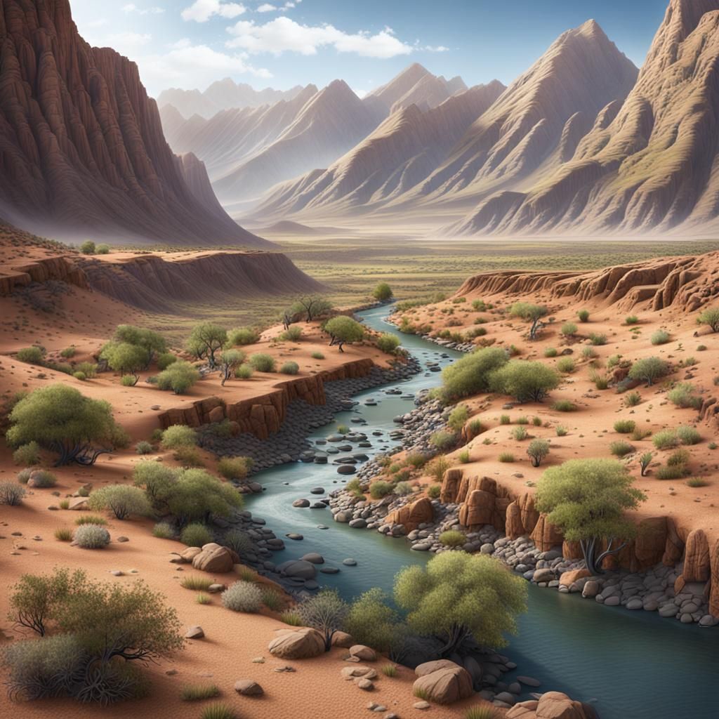 Arid Mountain Landscape with River: Matte Painting