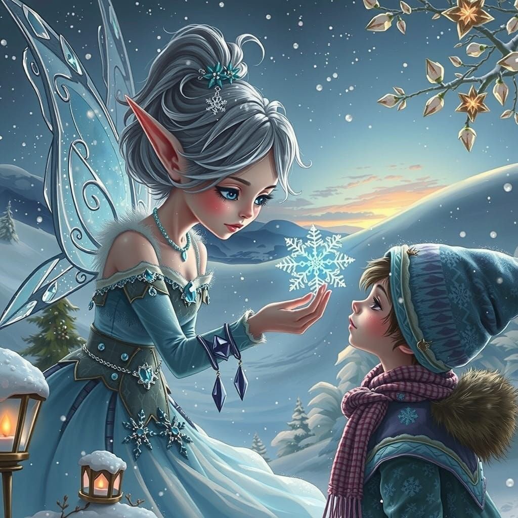 Whimsical Winter Elf Touches Snowflake on Caucasian Child's...
