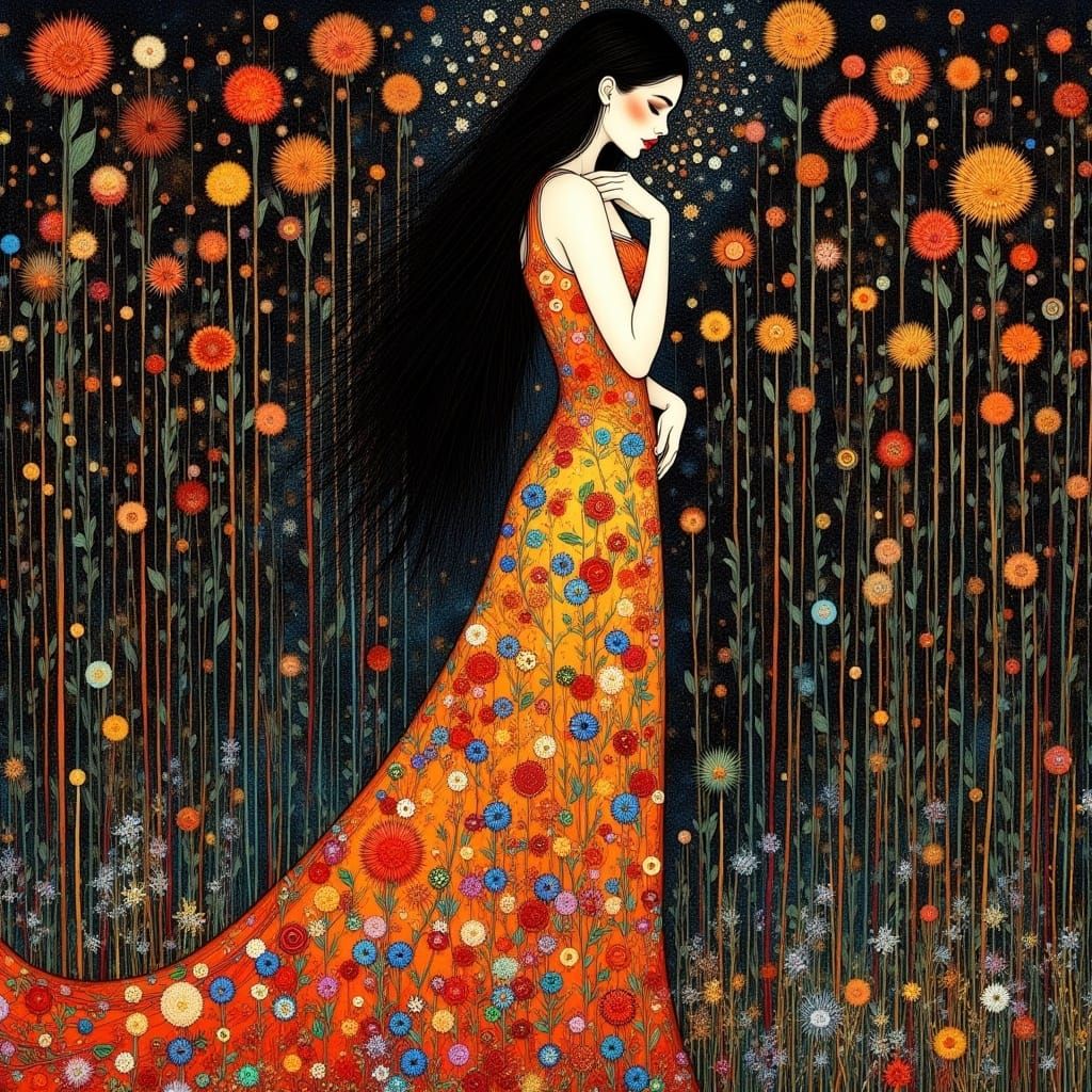 Woman in Floral Gown: Klimt-Inspired Art Nouveau