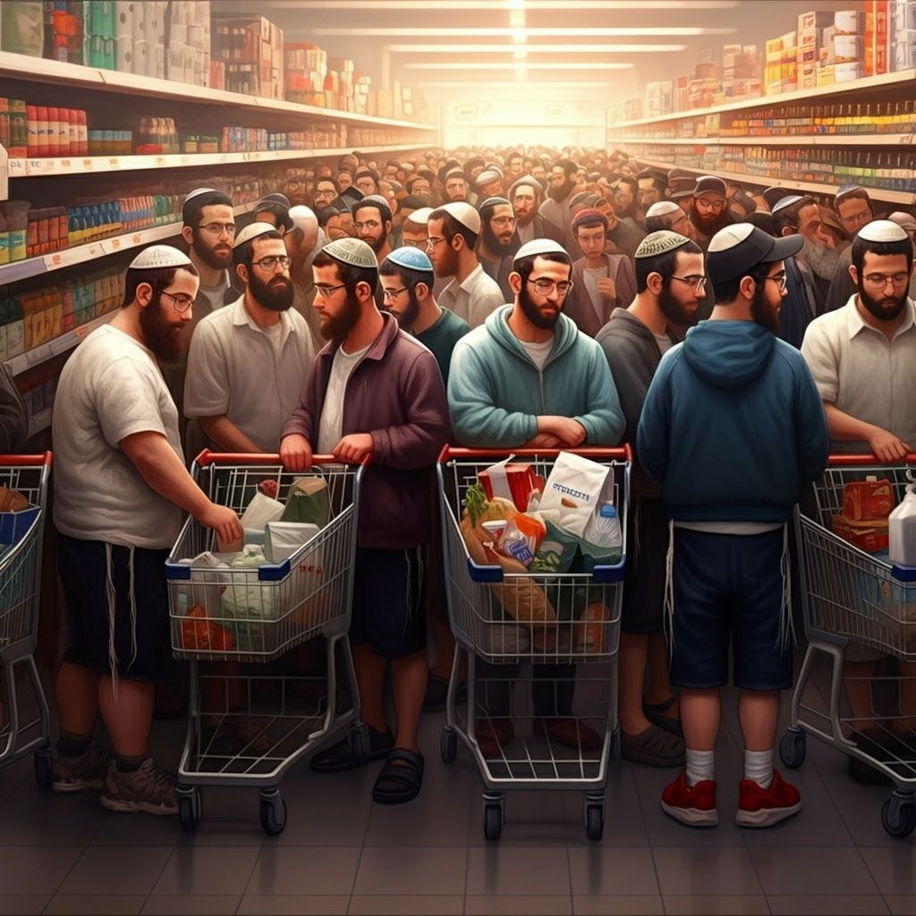 Realistic Digital Painting of Crowded Supermarket Queue